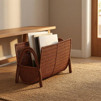 Iron Frame Woven Magazine Rack Easy to Clean Rattan Magazine Holder Walnut-Like Finish accessibleTop Book Basket Brown for Living Room, Office
