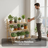 Space-Saving Bamboo Flower Rack Easy Assembly Foldable Flower Rack Sturdy & Long-Lasting Folding Plant Shelf Lightweight for Apartment Dwellers, Gardeners, Homeowners, Balcony, Indoor, Living Room, Garden