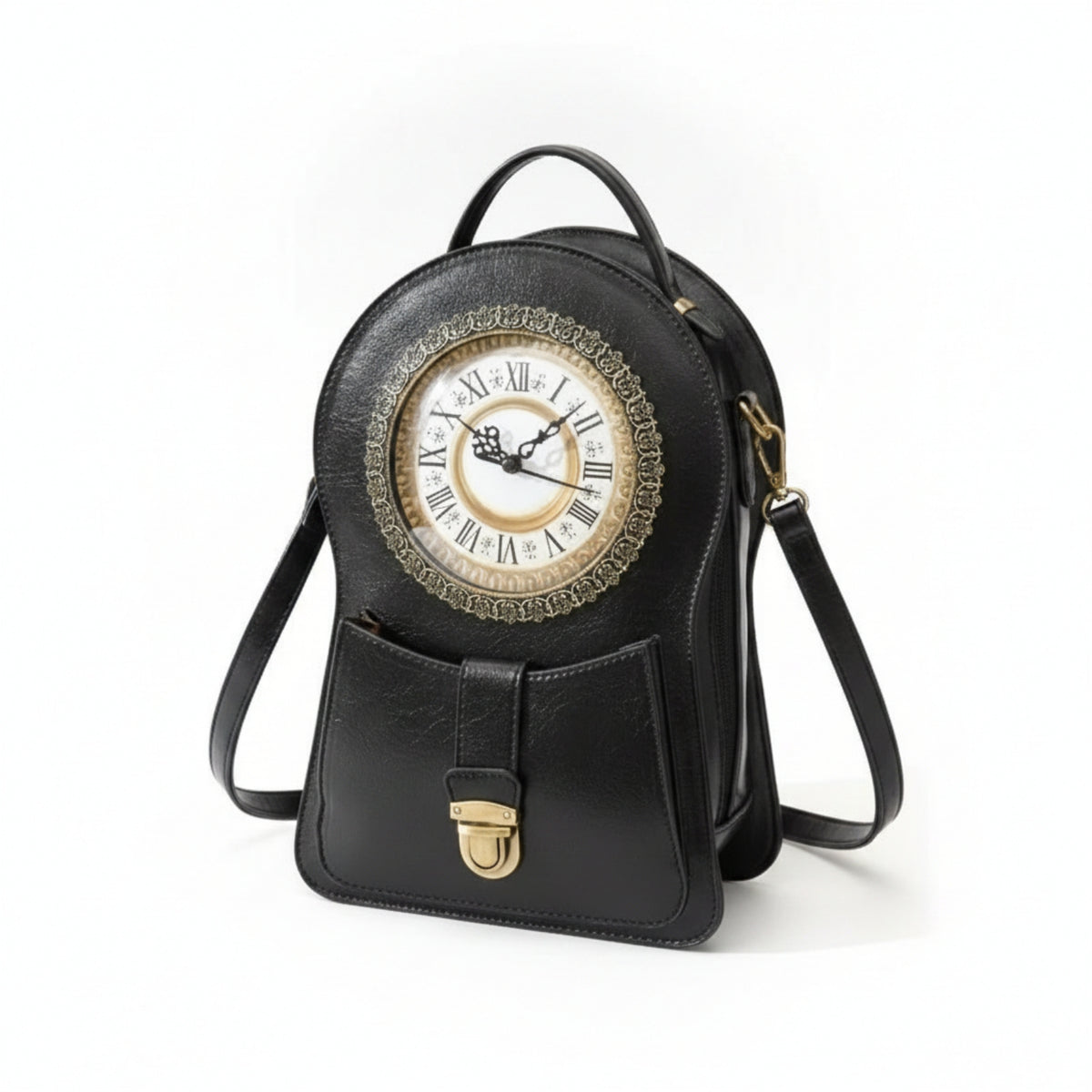 Adjustable Strap Vintage Clock Bag Leather-Like Finish Clock-Shaped Handbag Flap Pocket Structured Handbag