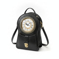 Adjustable Strap Vintage Clock Bag Leather-Like Finish Clock-Shaped Handbag Flap Pocket Structured Handbag
