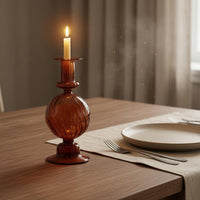 Glossy Finish Spherical Glass Candle Holder Translucent Ribbed Glass Candle Holder Broad Base Home Decor Narrow Top