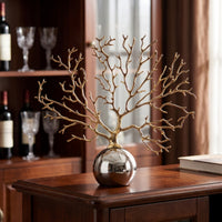 Coral Branch Sculpture with Spherical Base Reflective Metal Coral Statue with Mirror Sphere Abstract Decor for Entryway, Display Cabinet