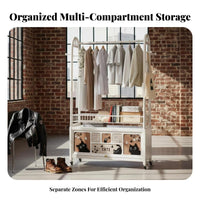 Movable on Wheels Rolling Clothes Hanger Dust-Proof Rolling Wardrobe with Cabinet Easy Assembly Garment Stand Heavy Duty for Renters, Students, Adults, Bedroom, Living Room, Entryway, Walk-in Closet