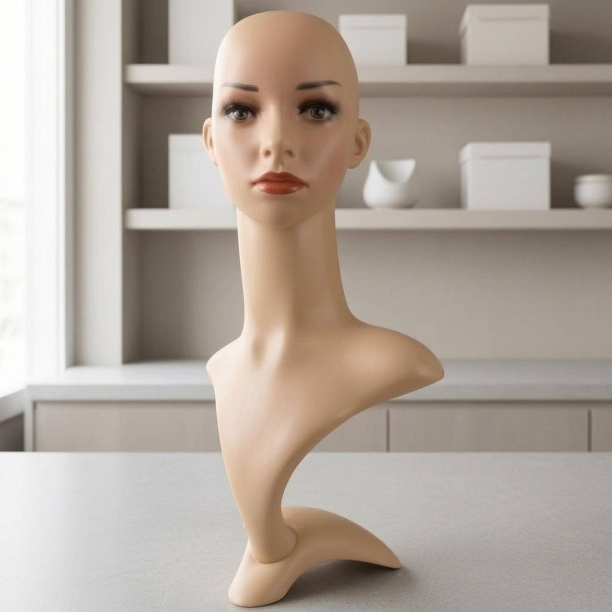 Skin-Tone Finish Female Mannequin Head Detachable PVC Mannequin Head Stable Base Female Display Bust Tall Neck