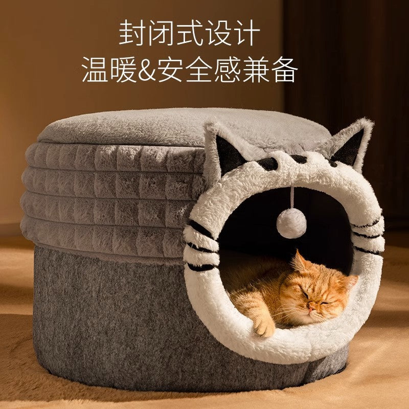 Enclosed Cotton Cat Bed for Winter, Gray Chinchilla Style