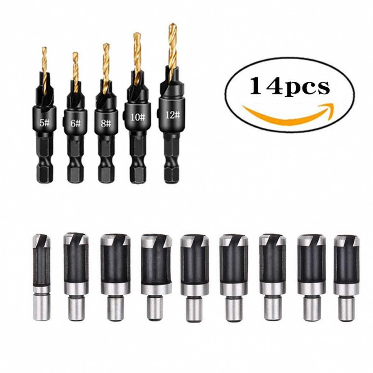 14 Pieces Versatile Woodworking Drill-Bit Set Clean Countersink with Hex Shank Long-Lasting Countersink Bit Set Wear Resistant for Woodworkers
