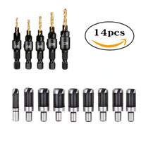 14 Pieces Versatile Woodworking Drill-Bit Set Clean Countersink with Hex Shank Long-Lasting Countersink Bit Set Wear Resistant for Woodworkers