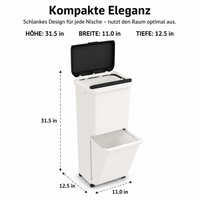 2-compartment Trash Can with Lid, Cylindrical Trash Bin for the Kitchen, 12L+ Removable Inner Bucket, Integrated Hook, Push Button