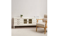 TV Cabinet with Glass Doors Sturdy TV Stand with Glass Doors Three-Tier Wooden Entertainment Center for Living Room, Small Apartment