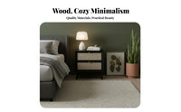 Minimalist Design Solid Wood Rattan Nightstand Sturdy Construction Nightstand with Drawers Easy Assembly 2-Drawer Bedside Cabinet Multi-Purpose for Homeowners, Students, Couples, Guest Room, Home, Hallway, Hotel