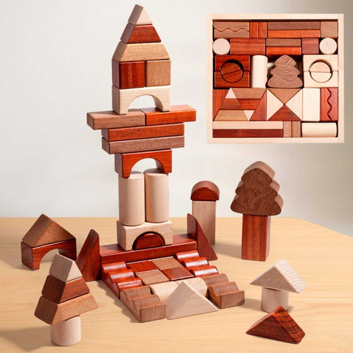 Building Blocks with Wooden Storage Tray Tabletop Wooden Building Blocks Stacking Toy Classic Geometric for Toddlers, Playroom