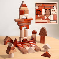 Building Blocks with Wooden Storage Tray Tabletop Wooden Building Blocks Stacking Toy Classic Geometric for Toddlers, Playroom