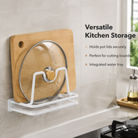Wall-Mounted Pot Lid Holder, M-Shaped Carbon Steel Pan Lid Organiser with Drip Tray, Modern Minimalist Kitchen Lid Rack, Rustproof Single Slot Storage