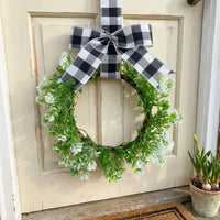 Artificial Mimosa Wreath for Front Door, 28cm Spring Summer Green Wreath, Lifelike Artificial Small Door Wreath Decoration for Farmhouse, Wedding, Window, Wall, Fireplace