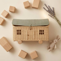 House Basket with Wheels Handwoven Rattan Storage Wagon Wheeled Rolling Storage Basket for Young Children, Parents, Playroom, Nursery, Photo Setting