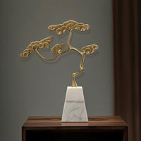 Gold-Tone Evergreen Tree Figurine Goldtone Bonsai Tree Sculpture Sculptural Bonsai Decor Minimalist for Living Room, Entryway