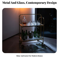 Space Saving Foldable Bar Cart Multi-Functional Glass Shelf Utility Trolley Modern Design Fluted Glass Serving Trolley Lockable Casters for Entertainers, Apartment Dwellers, Homeowners