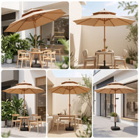 Patio Umbrella with Base UPF 50+ Two-Tiered Top Patio Umbrella Wood Look for Cafes, Backyard, Balcony, Camping