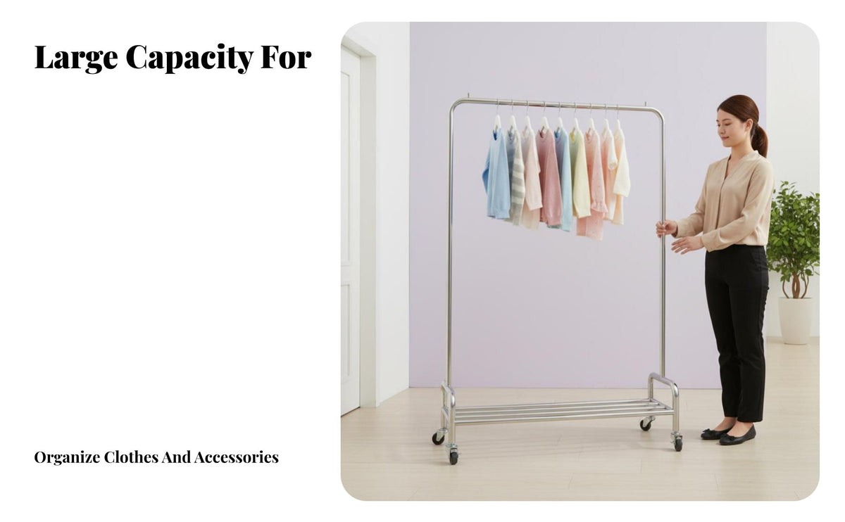 With casters Wheeled Garment Rack Portable Single Rail Rolling Rack Space-Saving Clothes Stand Multi-Purpose for Boutdoorique Owners, Homeowners, Balcony, Retail establishment, Laundry Room, Entrypath