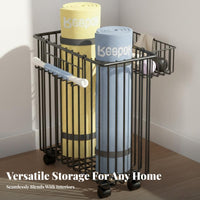 Space-Saving Exercise Mat Storage Rack Large Capacity Rolling Gym Storage Basket Long-Lasting Construction Home Gym Organizer on Wheels Breathable Design for Garage