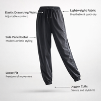 Joggers for Women with Tapered Leg and Cuffed Ankles, Quick Dry Nylon Spandex Pants for Gym and Running, Lightweight Loose Fit Black Trousers