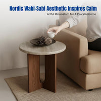 Travertine Wabi-Sabi Coffee Table, Minimalist Round Side Table with Wood Legs, Vintage Bedside Table, Living Room Accent Table