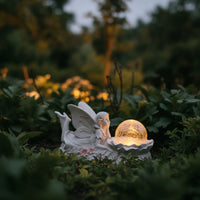 Fairy Statue with Globe Outdoor Fairy Garden Ornament Sun-Powered Garden Statue for Flower Bed, Pathway