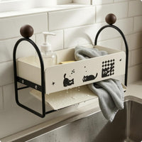 Metal Frame Sink Organizer Rack Cream-Colored Cloth Holder Rack Feline Print Compact