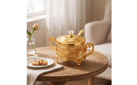 Ornate Condiment Jar with Spoon Gold-Tone Sugar Bowl with Lid Vintage Glass Condiment Pot with Metal Frame Elegant for Hosts