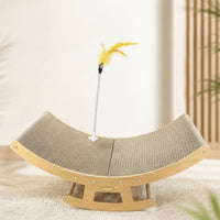 Corrugated Cat Scratcher Rocker Rocking Cat Rocker with Feather Toy Wooden Pet Furniture Curved for Cats, Kittens, Living Room, Bedroom