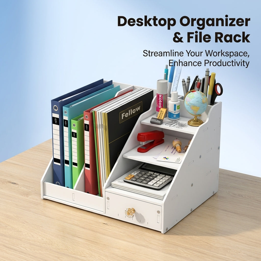 Desktop File Organizer Rack with Storage Box, Stackable Document Holder for Office Workers, Vertical Filing System for Workspace Organization