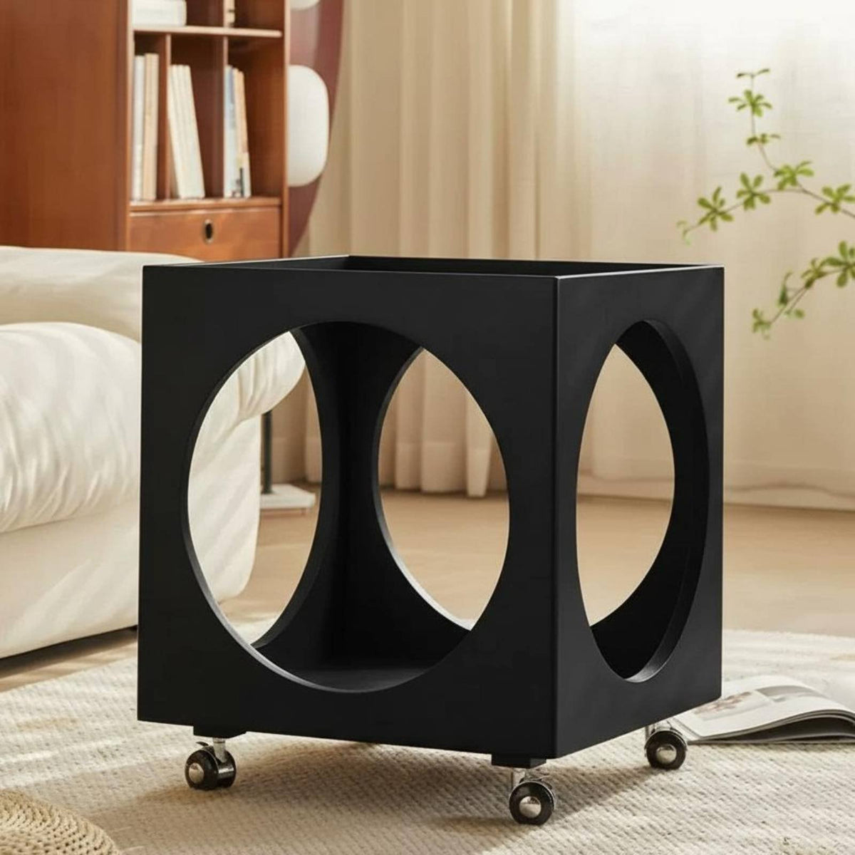 Retro Design Wheeled Cube Table with Cutouts Glass Surface Top Household Furniture Movable Design Rolling Cart Multifunctional for Apartment Dwellers, Office Workers, Living Room, Bedroom, Art Studio, Bathroom