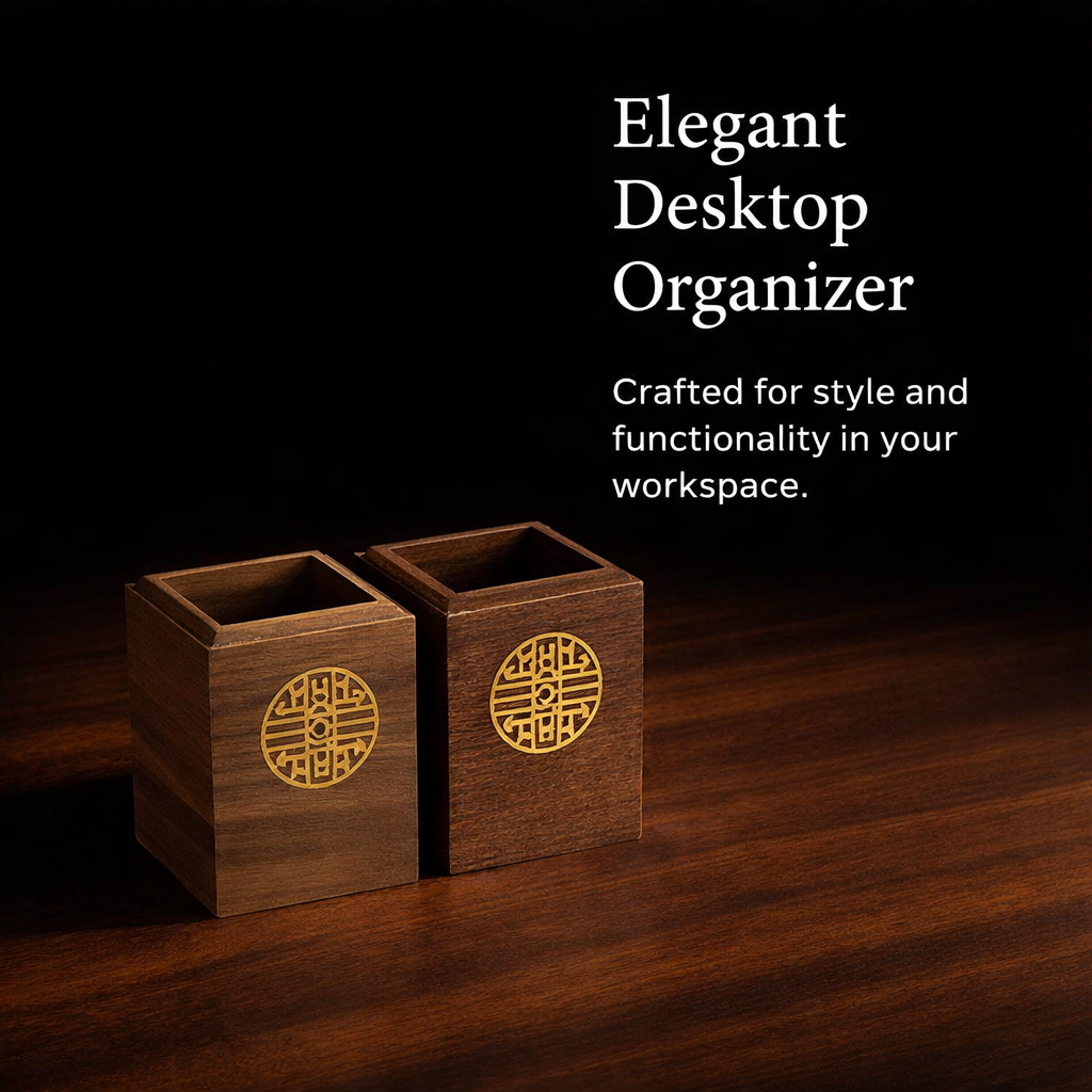 Desk Organizer Walnut Color Square Pencil Cup, Wooden Pen Holder for Office Desktop Storage for Stationery, 3.1 X 3.1 4.1 Inches