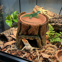 Tree Stump Cave Snake Hide for Axolotl Aquarium Accessories, Resin Reptile Tree with Ceramic Water Dish, Realistic Brown Habitat Decor