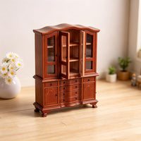 Vintage Pine Wood Miniature Glass Display Cabinet with Drawers for Dollhouse