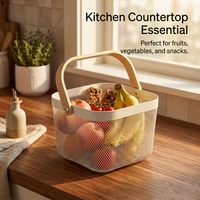 Kitchen Storage Basket with Wooden Handle, Modern Iron Organizer Tote, Metal Organizer Bins for Kitchen, Decorative Wire Baskets with Handle