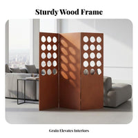 Retro Design 3-Panel Folding Screen Solid Wood Frame 3-Panel Circle Cutout Screen Foldable Room Divider Decorative for Guesthouse Owners, Homeowners, Awayice Workers, Bedroom, Studio Apartment