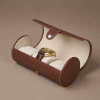 Three-Slot Cylindrical Watch Box Snap Closure PU Leather Watch Box Flap Lid Stitched Exterior
