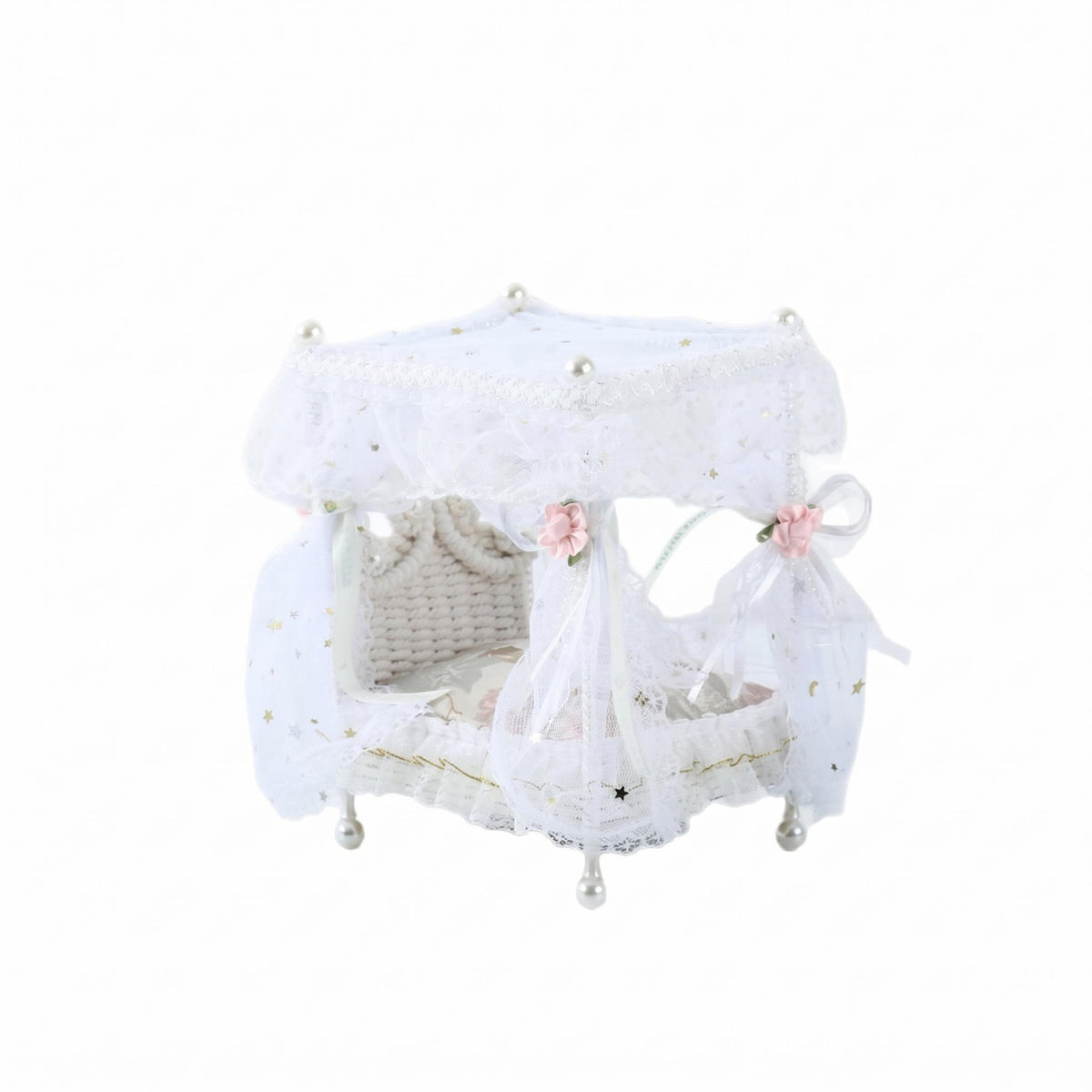 1:12 Scale Dollhouse Canopy Bed Ruffled Four-Poster Bed Ribbon Ties Miniature Furniture