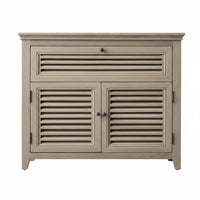 Distressed Finish Louvered Door Console French Country Design Storage Cabinet Retro aesthetic Home Furnishing sturdy Construction for Interior Decorators, Homeowners, Adults, Bedroom, Living Room, Entryway, Kitchen