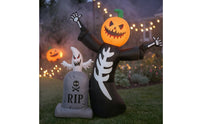2 Pieces Spooky Inflatable Skeleton with Pumpkin Head Outdoor Inflatable Tombstone with Ghost Self-Standing Halloween Inflatables Lawn for Porch