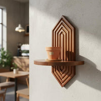Geometric Design Walnut Wood Wall Decor Shelf Space-Saving Wood Wall Planter Shelf Handmade Look Sturdy for Living Room, Bedroom, Entryway