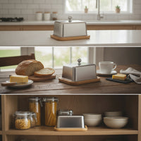Stainless Steel Butter Dish Compact Butter Dish with Bamboo Tray Easy Clean Cheese Keeper Smooth for Countertop