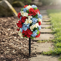 Fake Hydrangea Stake DIY Artificial Flower Ball Red, White, and Blue Celebration Decoration for Garden, Yard