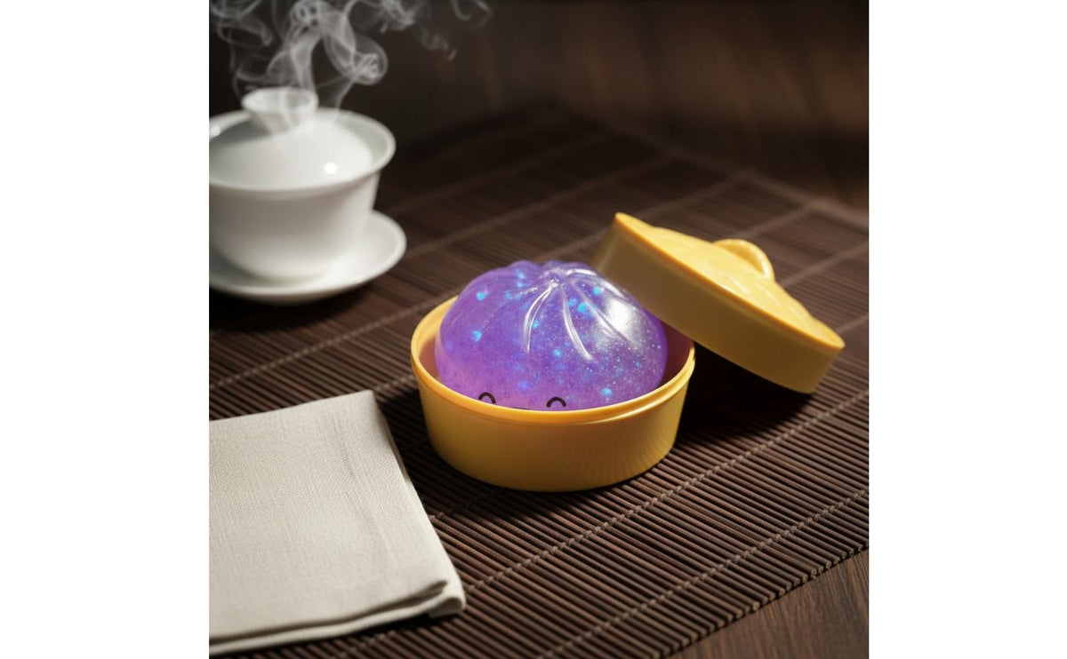 Glitter-Filled Smiling Bun Squishy Toy with Woven-Look Lid Container