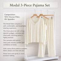 Womens Pyjamas Set Long Sleeve with Camisole for Bedroom and Lounge, 3 Piece Soft Modal Girls Leisure Wear, Breathable Nightwear