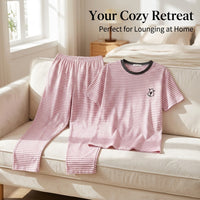 Pyjamas for Women 95% Knit PJs Set with Round Neck and Long Pants, Loungewear for for Home and Sleeping, Plus Size up to 4XL