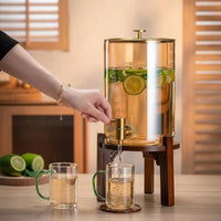 Glass Water Dispenser with Metal Tap and Lid, Cylindrical Juice Dispenser for Iced Fruit Tea, European Style Large Capacity Glass Water Dispenser