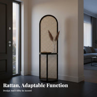 Freestanding Design Arched Woven Divider with Shelf Portable Arched Rattan Partition Japandi Design Privacy Screen Light-Filtering for Apartment Dwellers, Homeowners, Renters, Living Room, Entryway, Bedroom, Away Ice