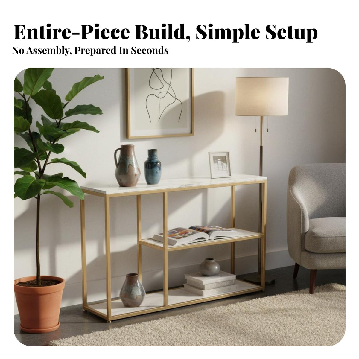 Nordic Design 3-Tier Narrow Table Marble Pattern Top Asymmetrical Multi-Tier Shelf Minimalist Design Sideboard Freestanding for Apartment Dwellers, Homeowners, Renters, Entryway, Hallway, Dining Room, Small Areas